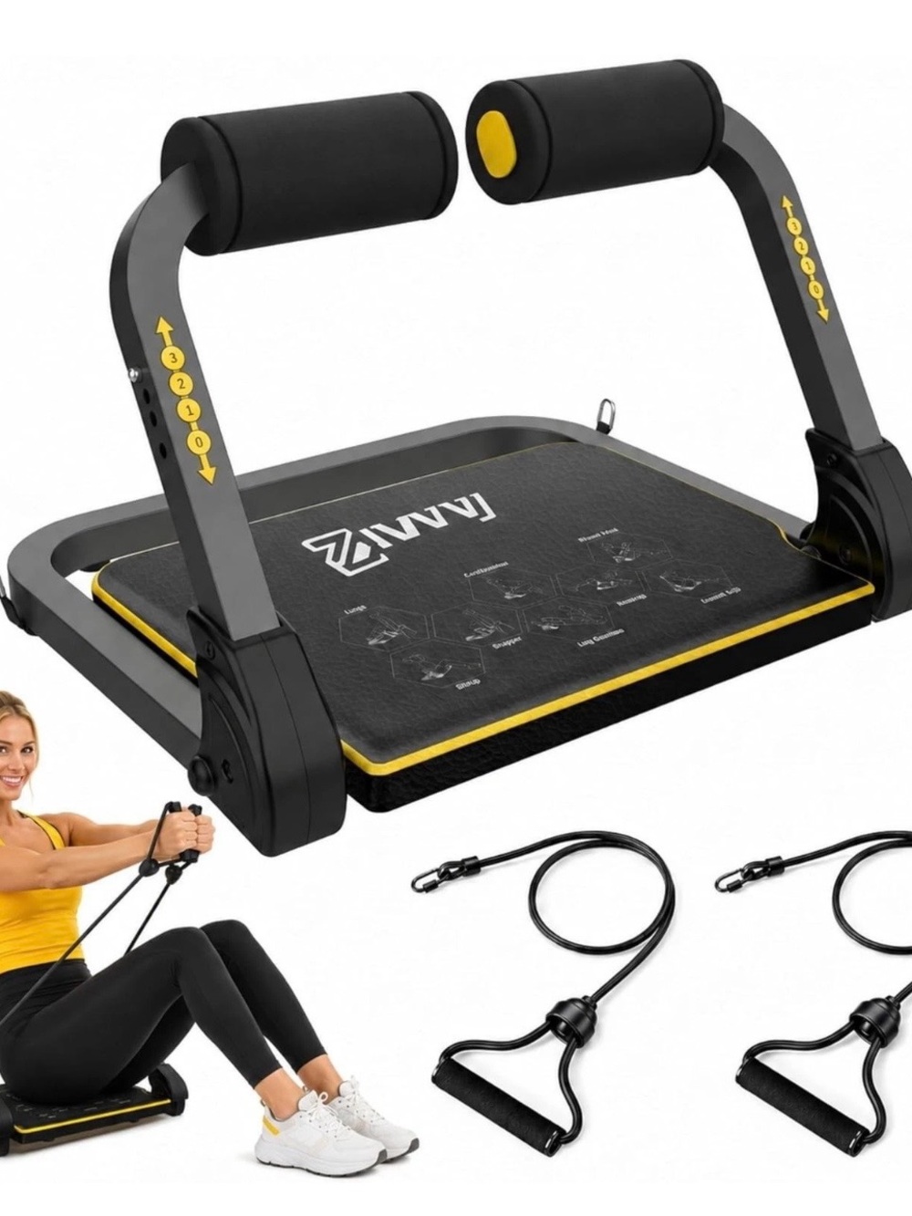 Adjustable Home Ab Roller with Resistance Bands - Black & Yellow